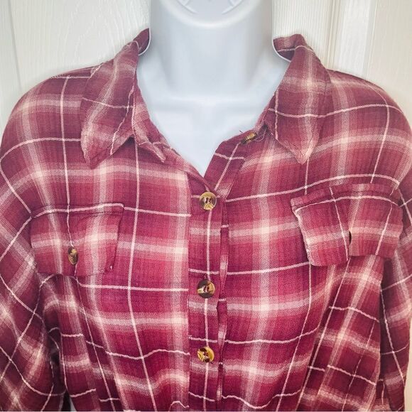 Wild Moss Women's Burgundy Long Sleeve Plaid Mini Shirt Dress M - Picture 5 of 12